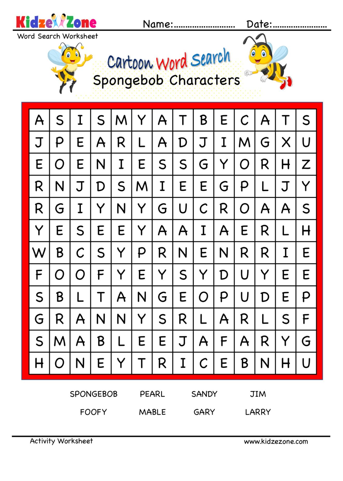 SpongeBob Character Search Worksheet KidzeZone