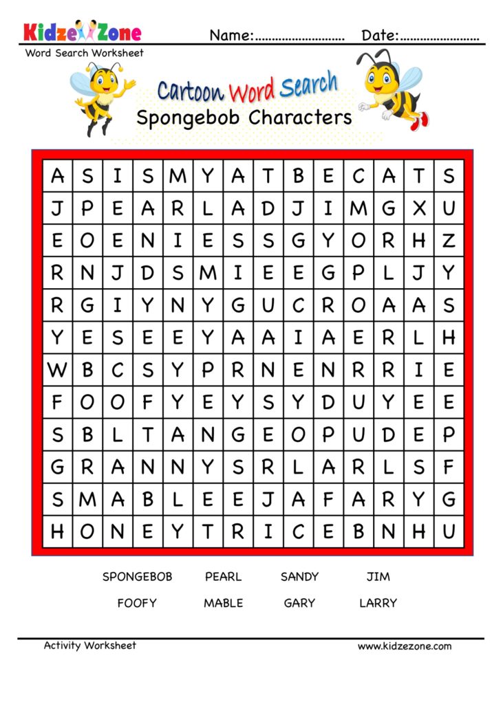 Cartoon Word Search Fun Worksheet - Spongebob