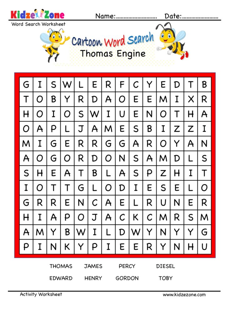 Cartoon Word Search Fun Worksheet - Thomas Engine