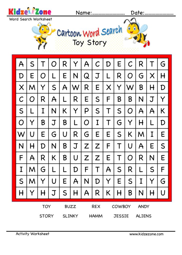 Cartoon Word Search Fun Worksheet - Toy Story
