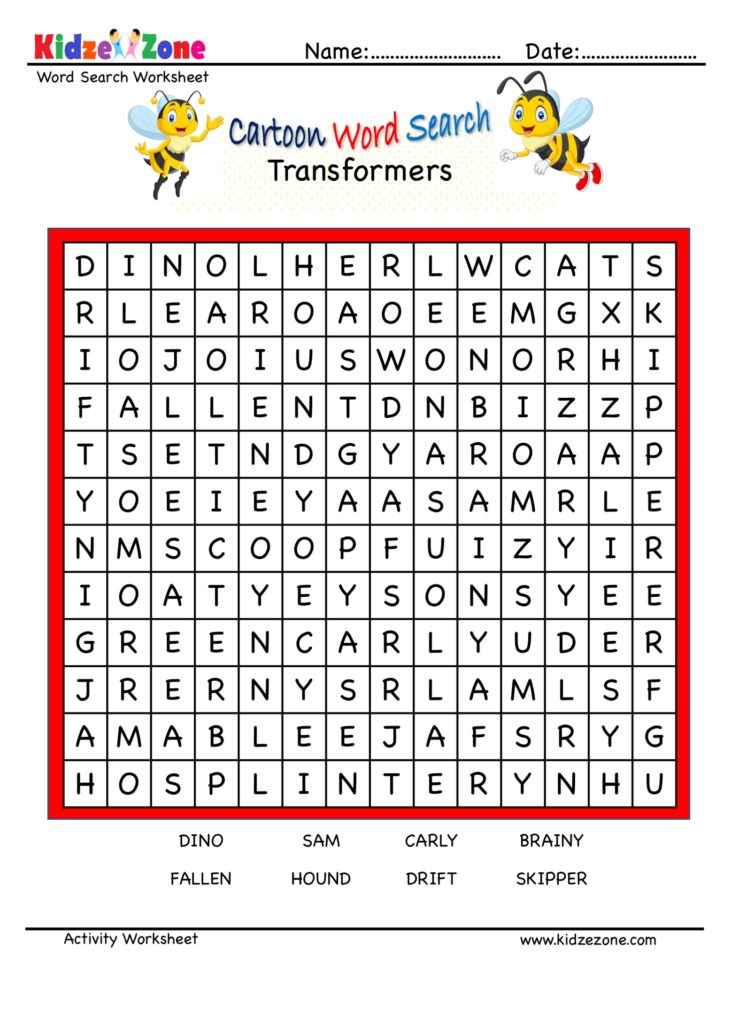 Cartoon Word Search Fun Worksheet - Transformers