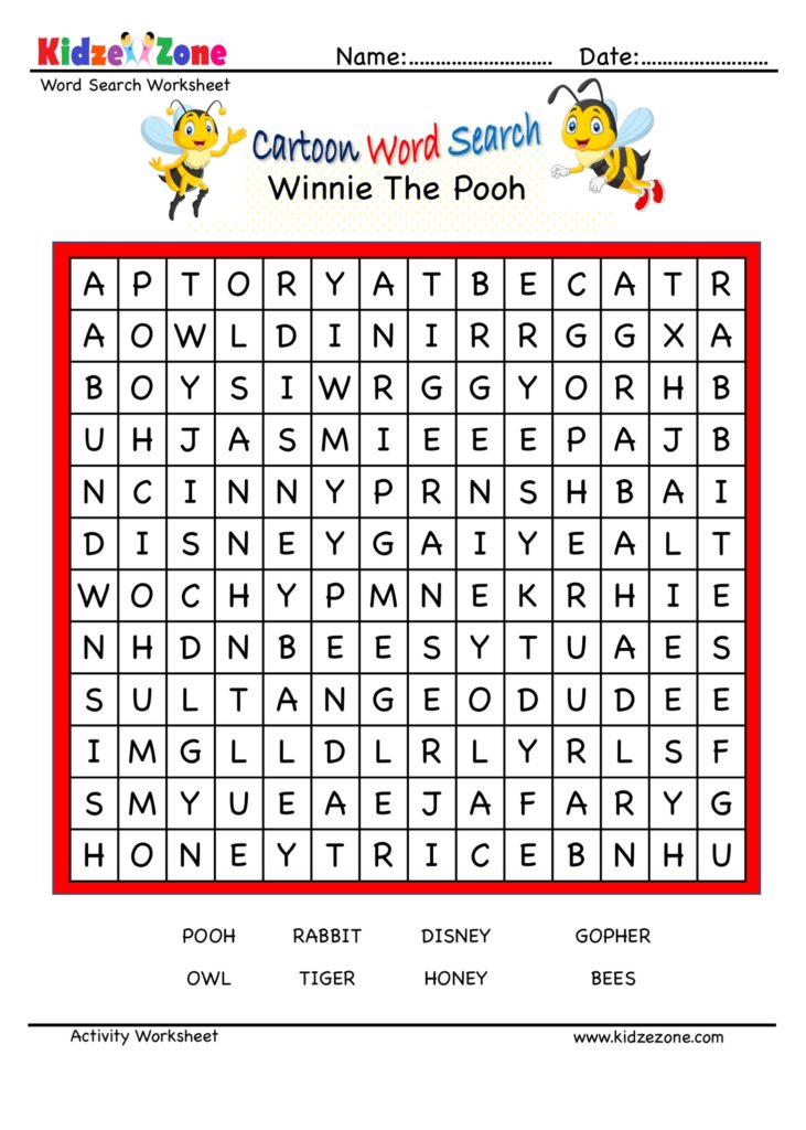 Cartoon Word Search Fun Worksheet - Winnie the Pooh