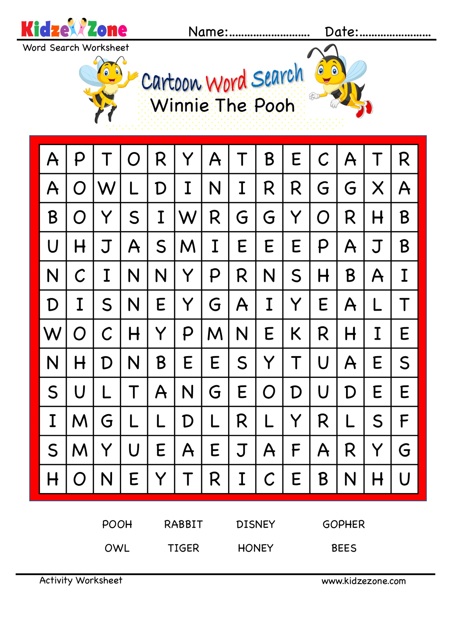 Winnie the Pooh Cartoon Word Search - KidzeZone