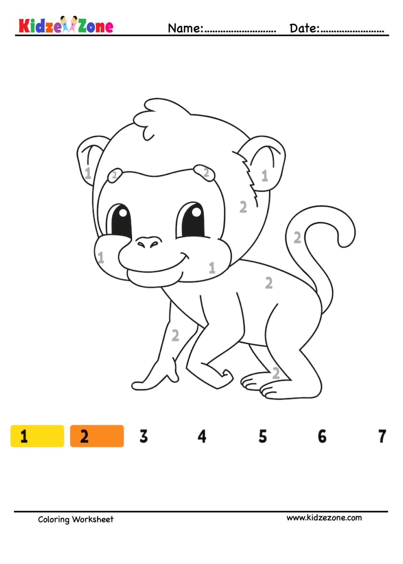 Monkey Number Coloring Fun Worksheet - KidzeZone