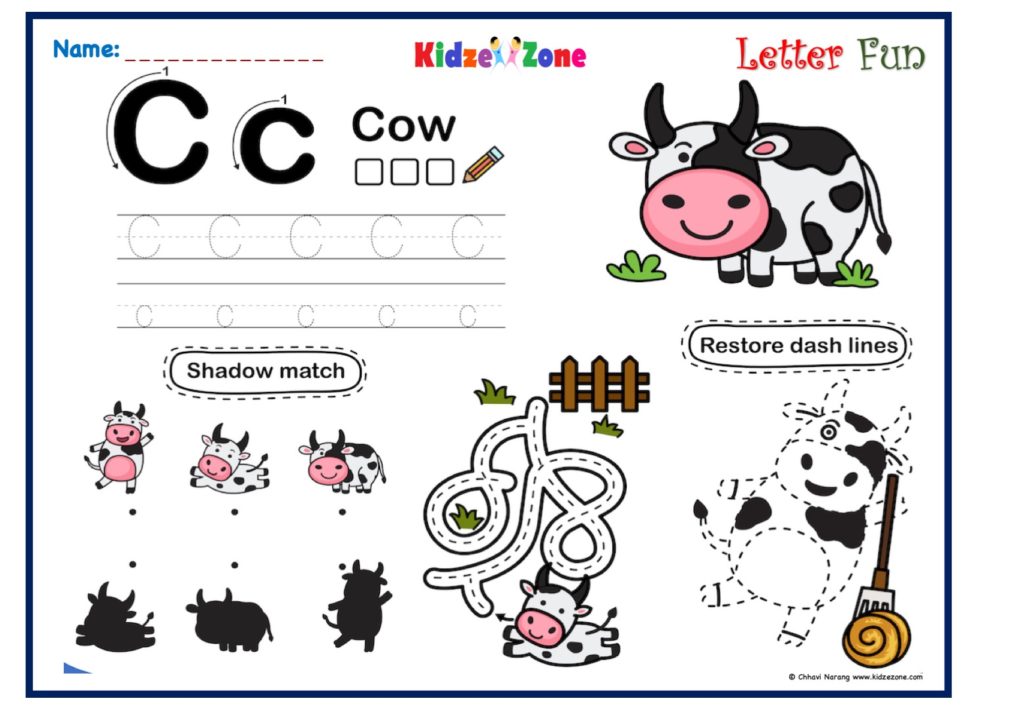 Letter C Tracing, Writing, Matching and Fun Activity Worksheet