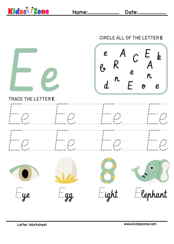 Letter E Tracking Worksheet. Learn words with letter E