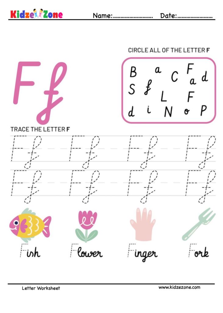 Letter F Tracking Worksheet. Learn words with letter F