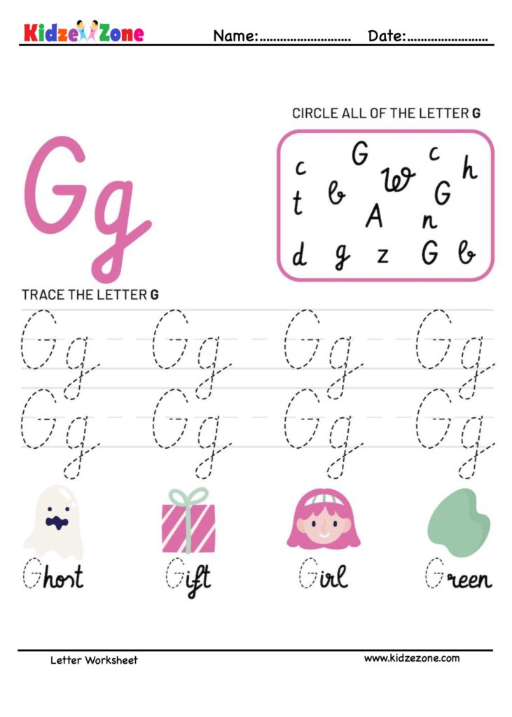 Letter G Tracking Worksheet. Learn words with letter G