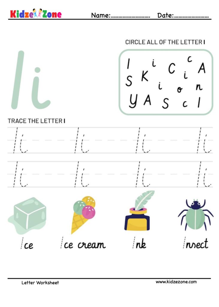 Letter I Tracking Worksheet. Learn words with letter I