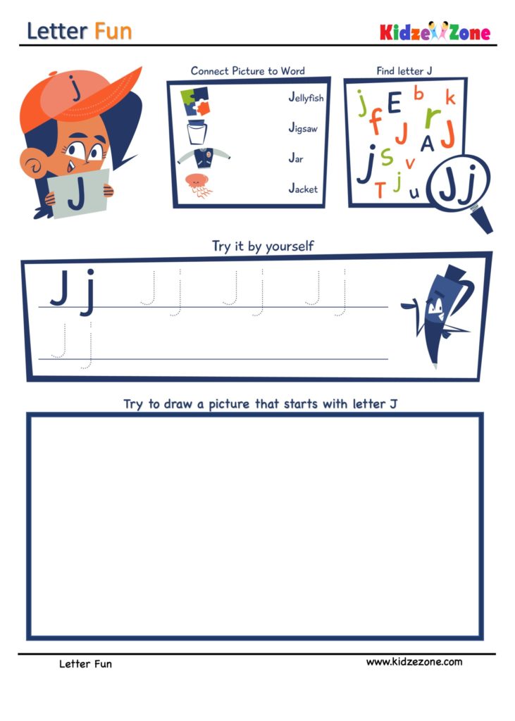 Letter J Super Smart Tracing, Writing, Drawing and Activity Worksheet
