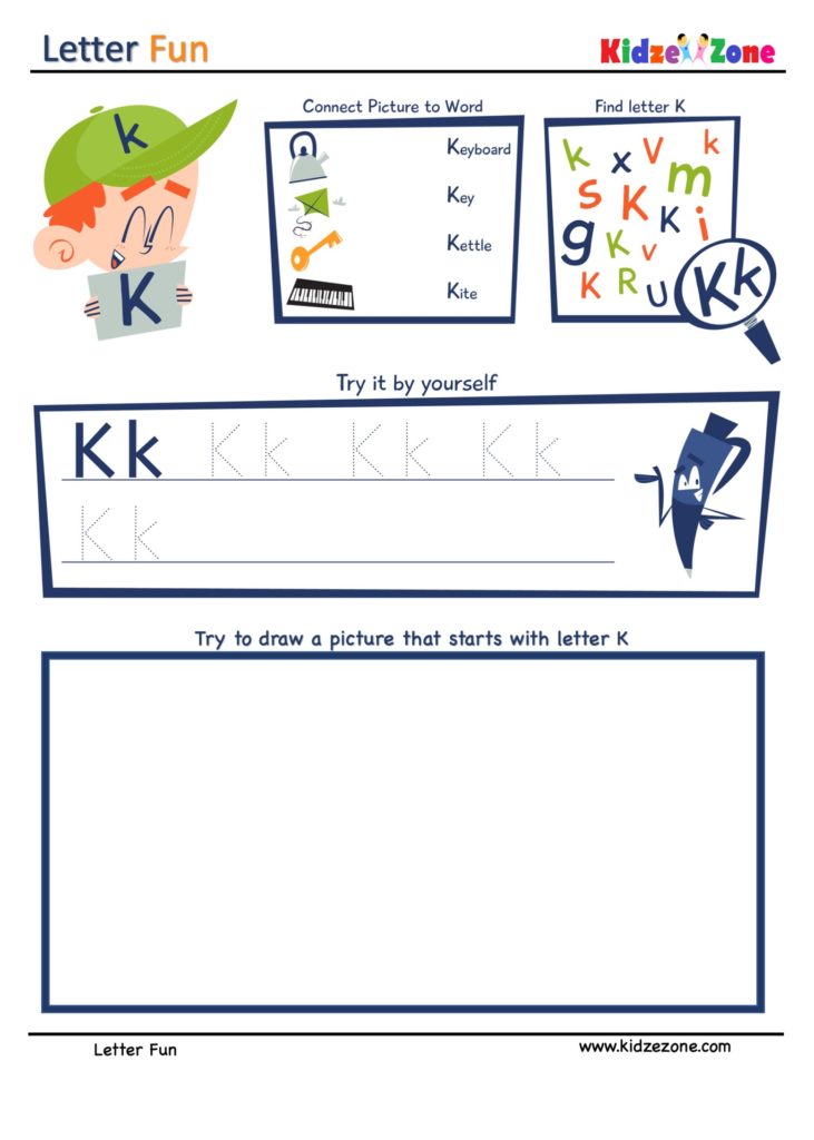 Letter K Super Smart Tracing, Writing, Drawing and Activity Worksheet