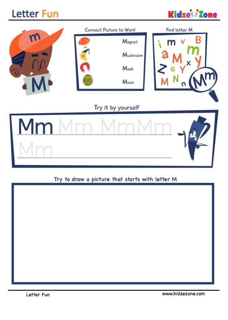 Letter M Super Smart Tracing, Writing, Drawing and Activity Worksheet