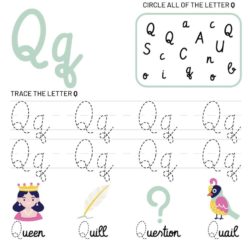 Letter Q Tracking Worksheet. Learn words with letter Q
