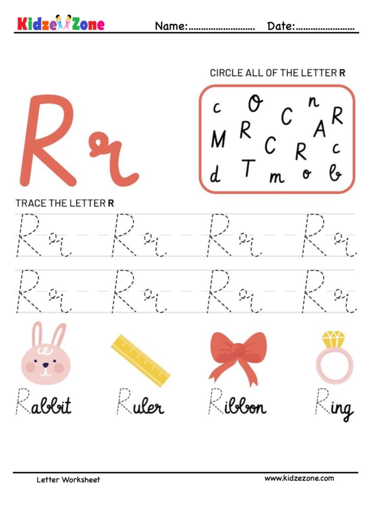 Letter R Tracking Worksheet. Learn words with letter R
