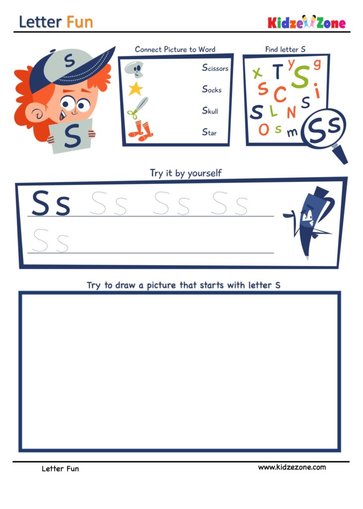 Letter S Super Smart Tracing, Writing, Drawing and Activity Worksheet