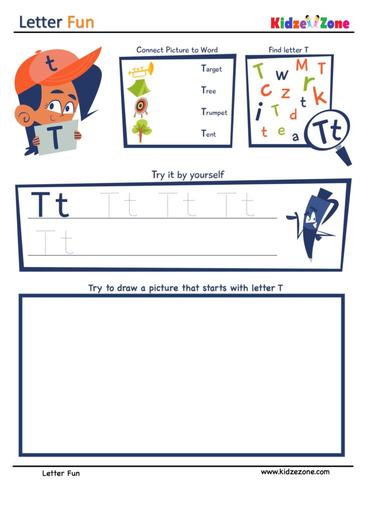 Letter T Super Smart Tracing, Writing, Drawing and Activity Worksheet