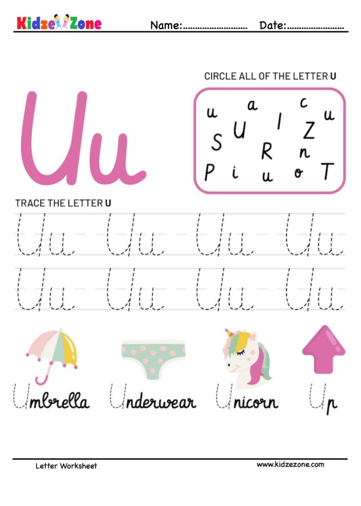 Letter U Tracking Worksheet. Learn words with letter U