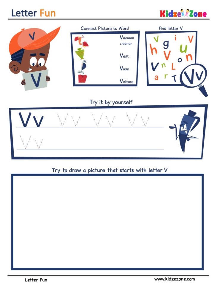 Letter V Super Smart Tracing, Writing, Drawing and Activity Worksheet