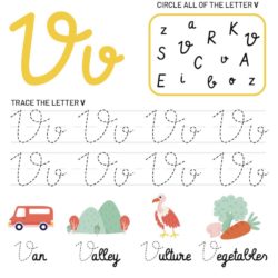 Letter V Tracking Worksheet. Learn words with letter V