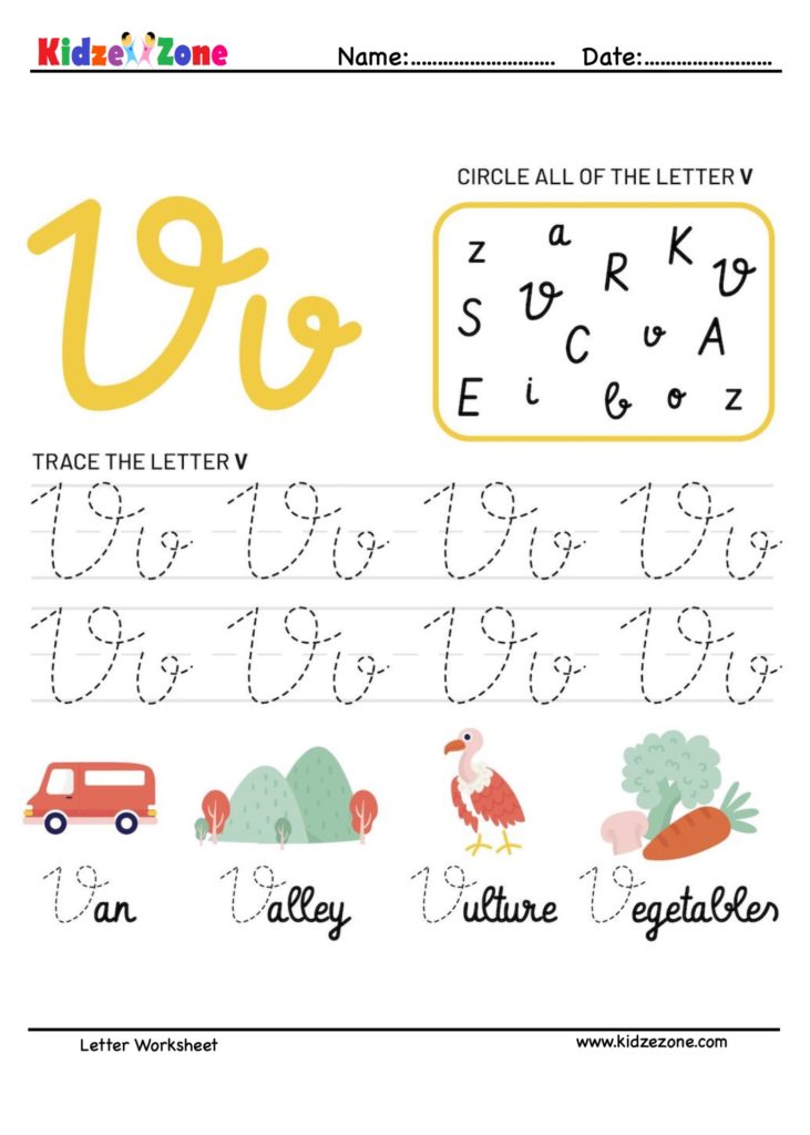 Letter V Tracking Worksheet. Learn words with letter V