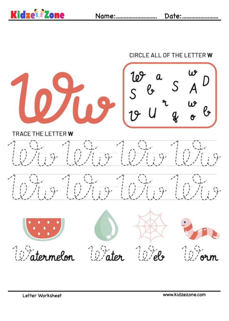 Letter W Tracking Worksheet. Learn words with letter W