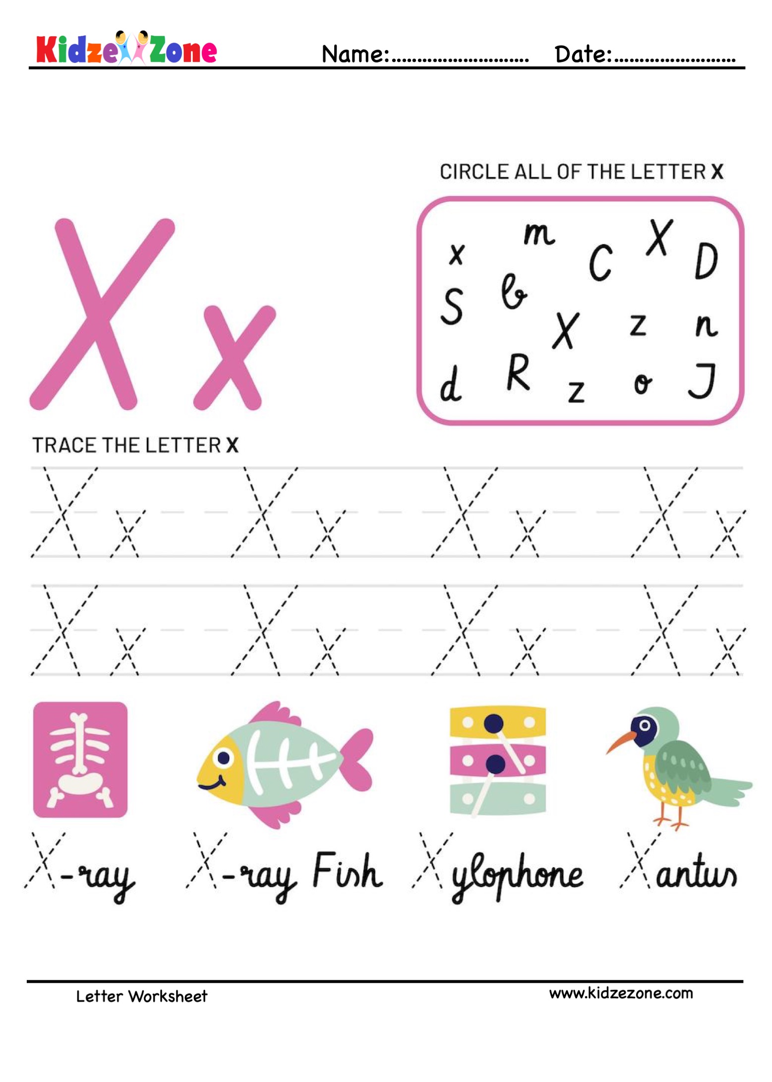 Kindergarten Letter X Reading, Writing and Activity Worksheets