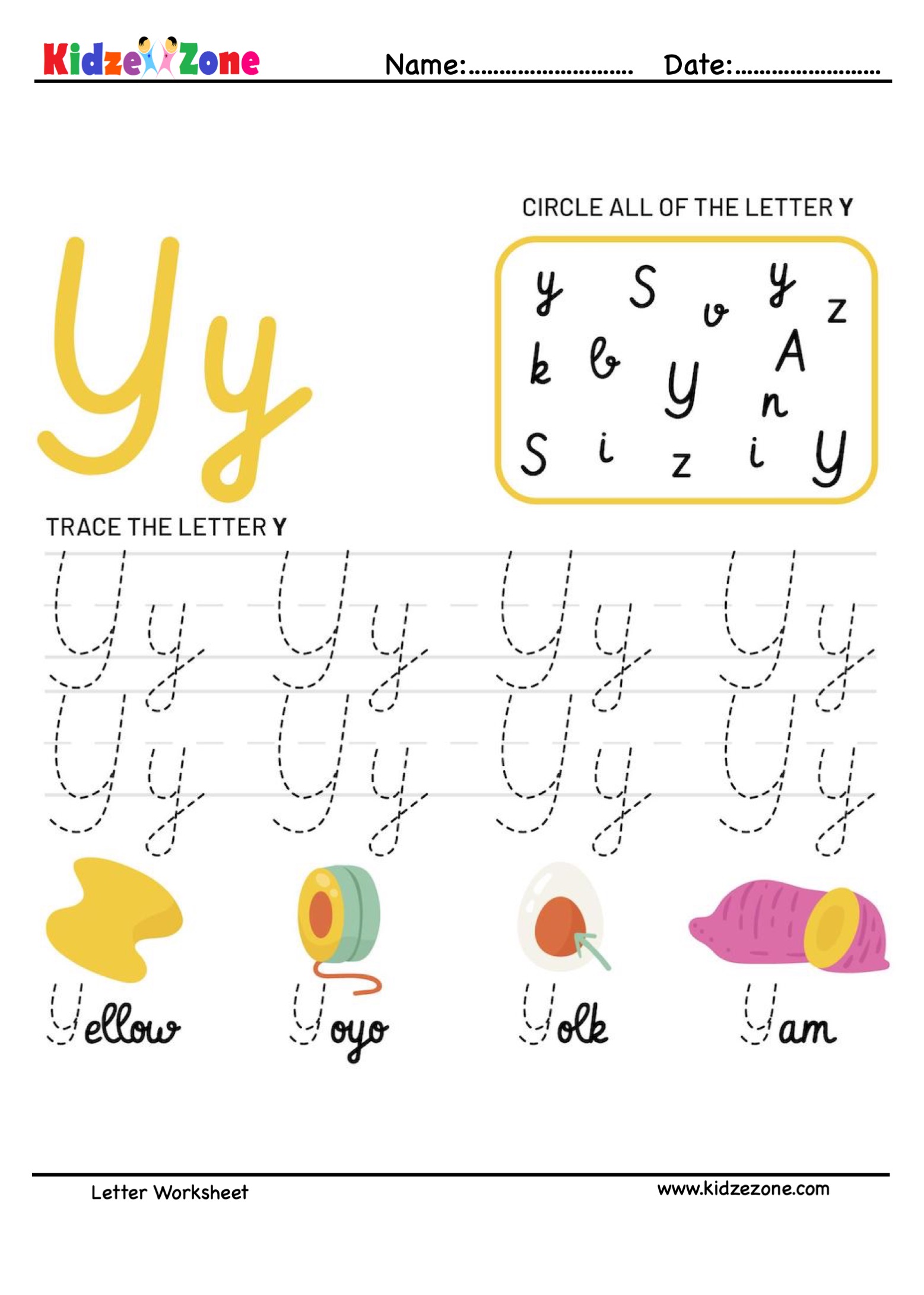 Letter Y Tracing and Fun Worksheet - KidzeZone