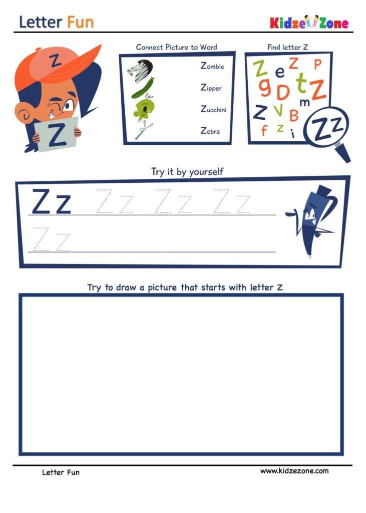 Letter Z Super Smart Tracing, Writing, Drawing and Activity Worksheet