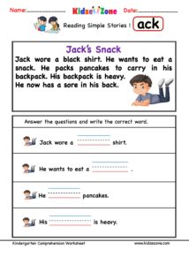 Reading Simple Story Comprehension Word Family ACK