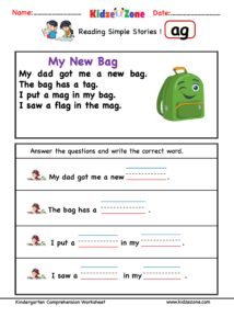 Reading Simple Story Comprehension Word Family AG